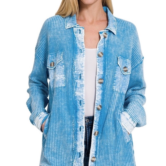 Zenana Mixed Media Acid Wash Burnt Blue Cotton Shacket Textured Button Up New - Picture 5 of 5